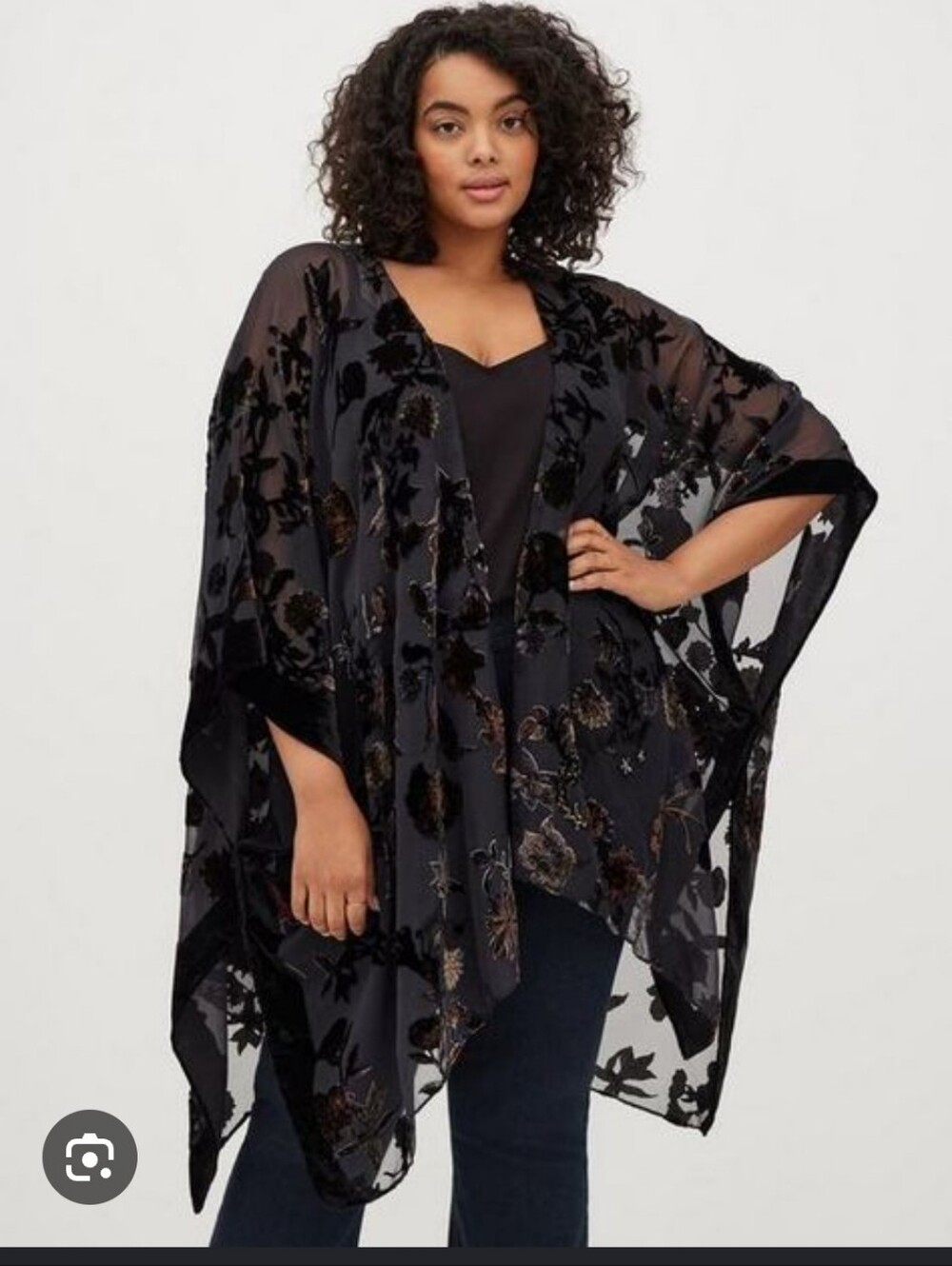 Torrid Burnout Velvet Kimono One Size Open Drape Chiffon Ruana Deep Black
